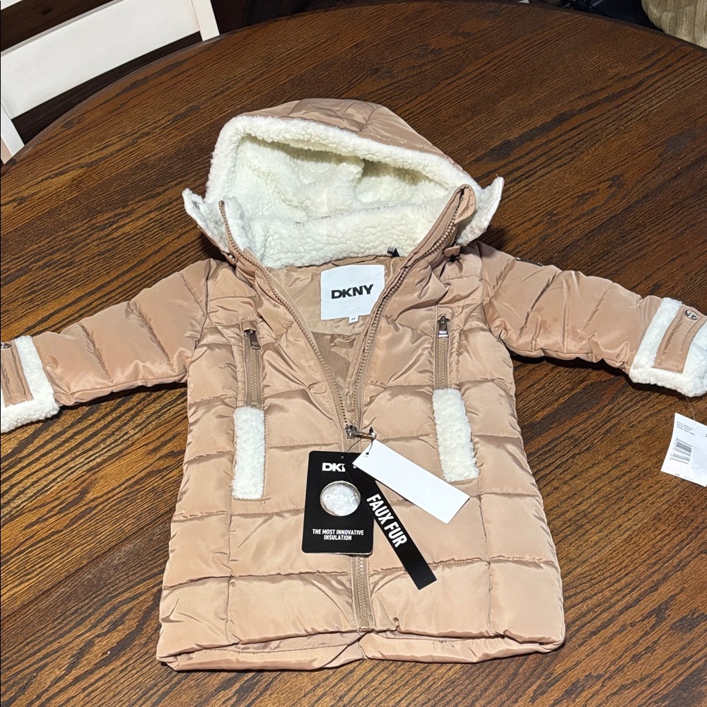 DKNY Kids Beige Puffer Jacket with Cream Faux-Fur Trim